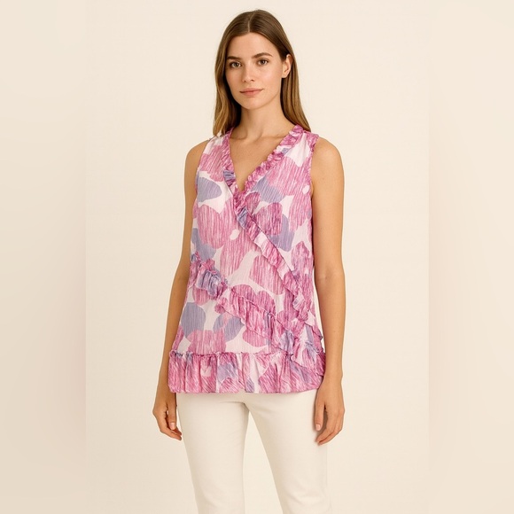 Banana Republic Tank Top Womens Sz Small Multi Floral 100% Silk Ruffle V Neck - Picture 1 of 8